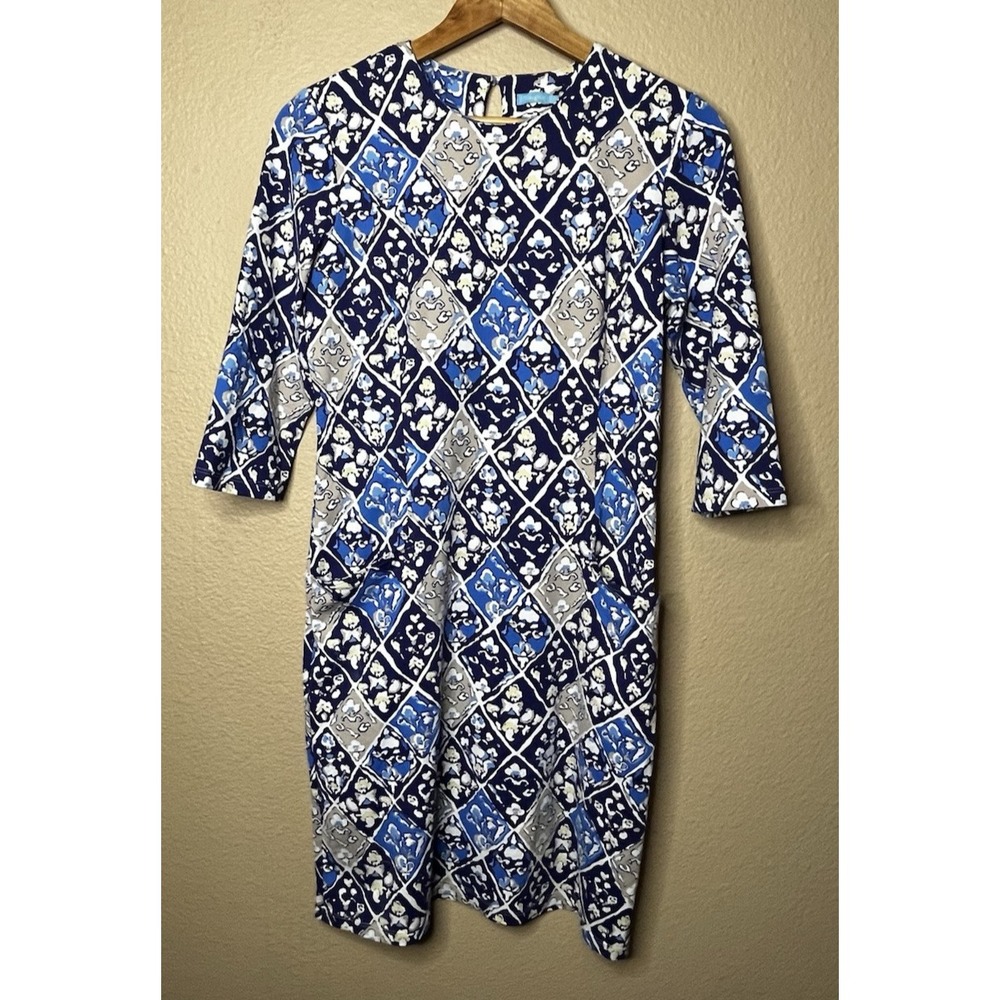 J. McLaughlin Catalyst Deco Kite Blue Sheath Fitted Dress Medium Nylon Stretch